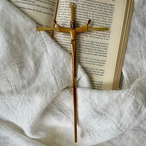 Vintage 50s Brass Crucifix Cross Jesus Christ Wall Hanging Religious Decor